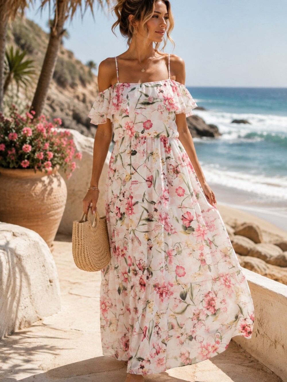 Reitmans Floral Off Shoulder Maxi Dress Pink White Ruffle Strappy Medium